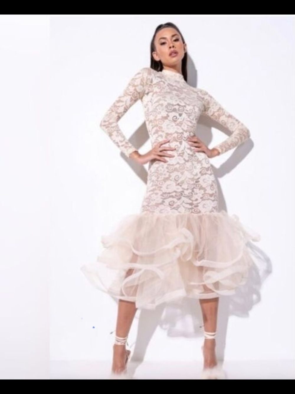 Long Sleeve Lace Mermaid Dress in Blush Pink - Women Dresses